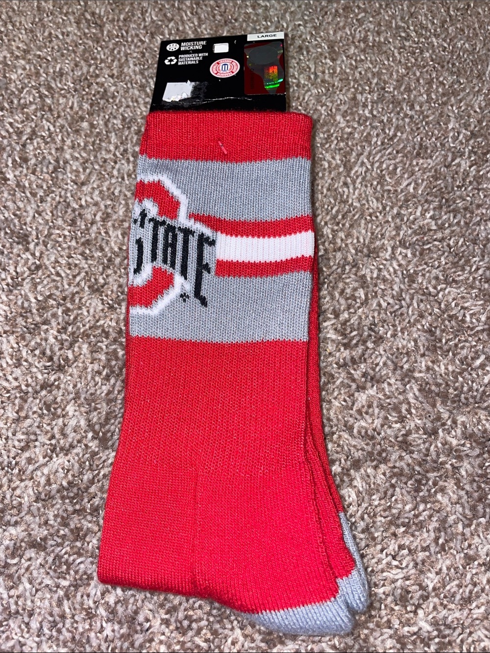Men's Ohio state Red and Gray Crew Socks with Collegiate Stripe
